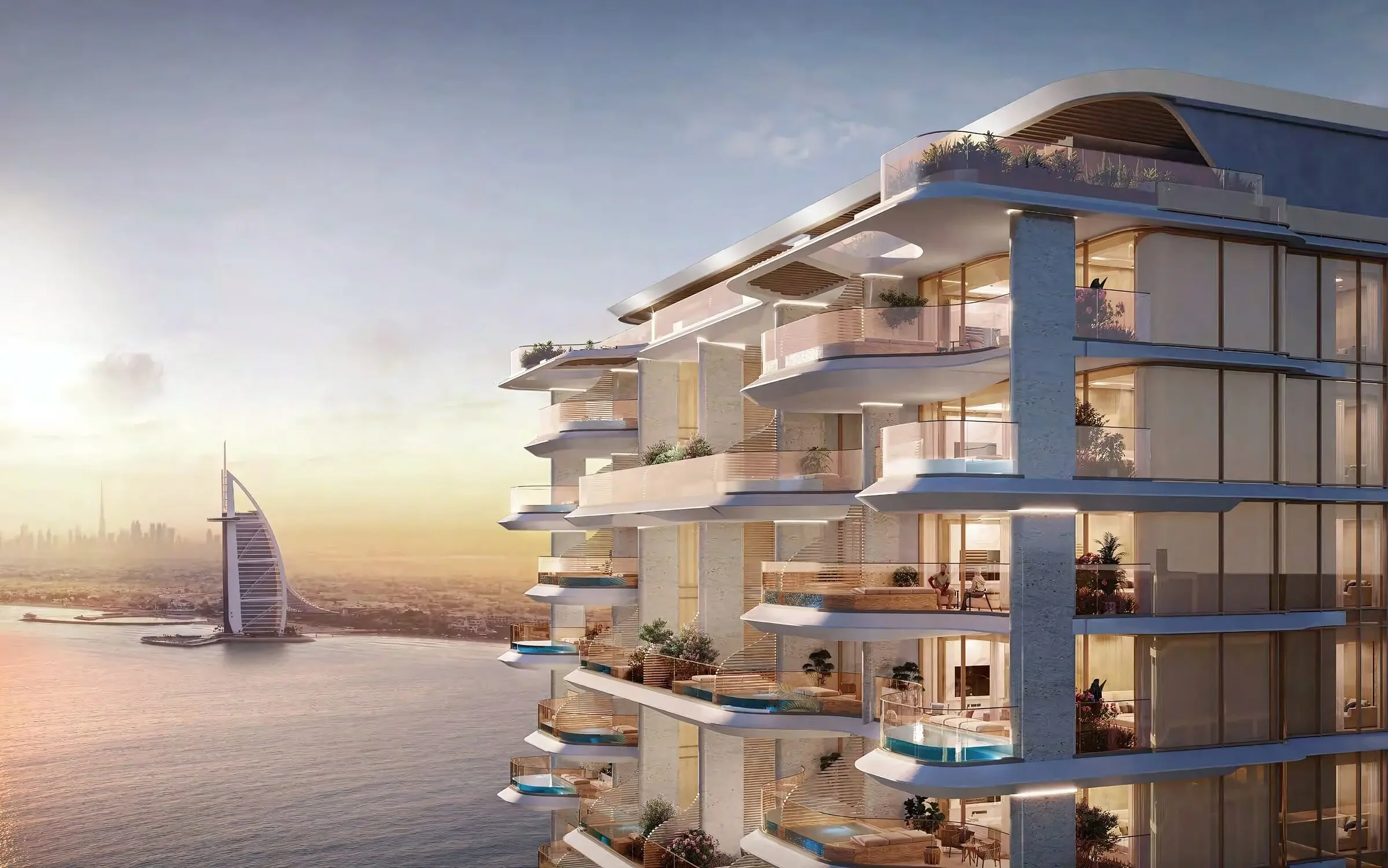Терраса с бассейнами на Palm Jumeirah, вид на море и Burj Al Arab